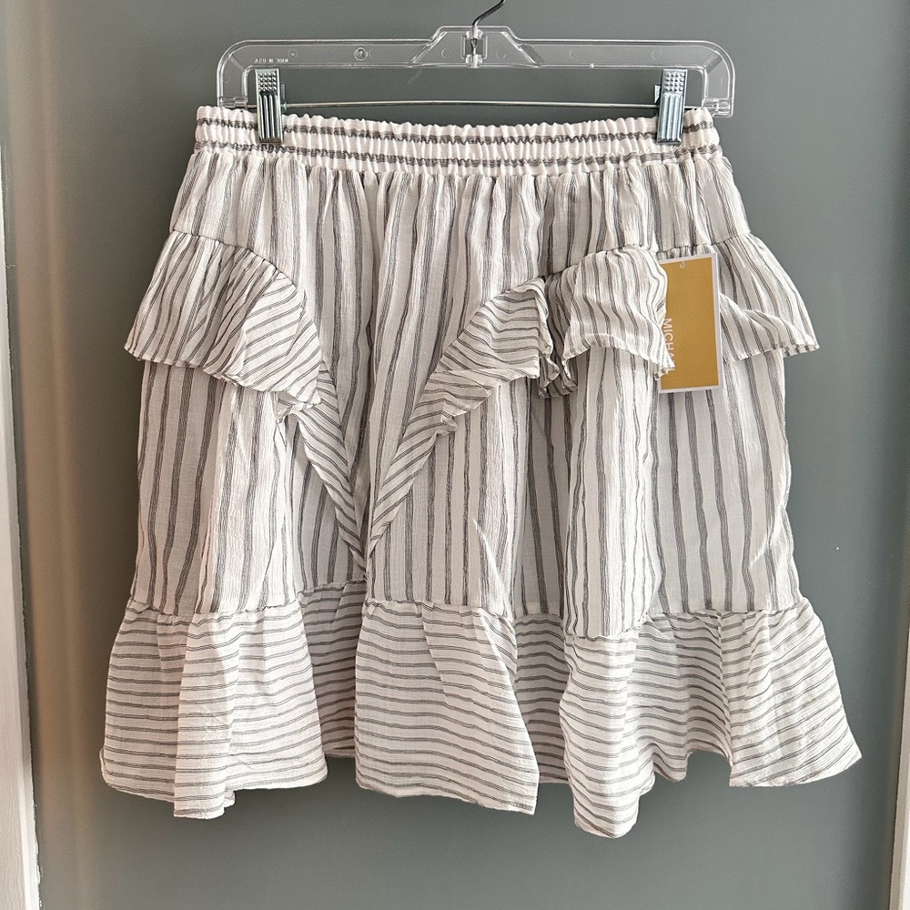 NWT Michael Kors Cream & Gray Striped Ruffle Mini Skirt